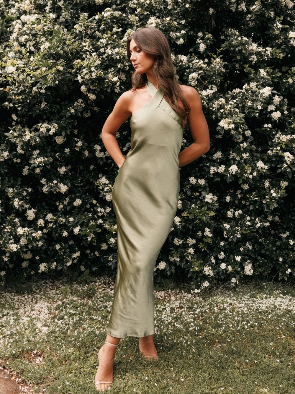 Petal & Pup Olive Green Grassie Halter Satin Midi Dress -NWT